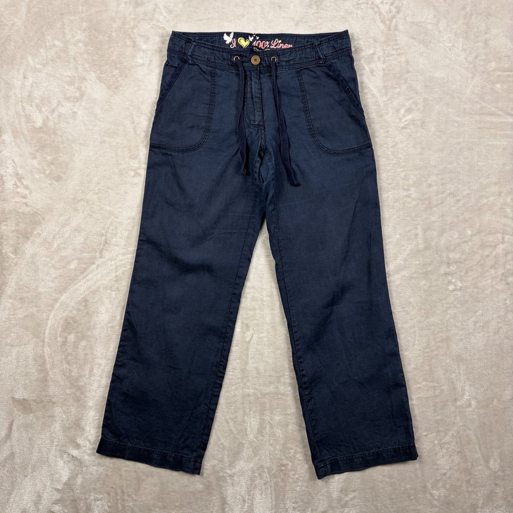 Atmosphere Linen Pants Navy Blue Wide Leg Drawstring Womens Size 6